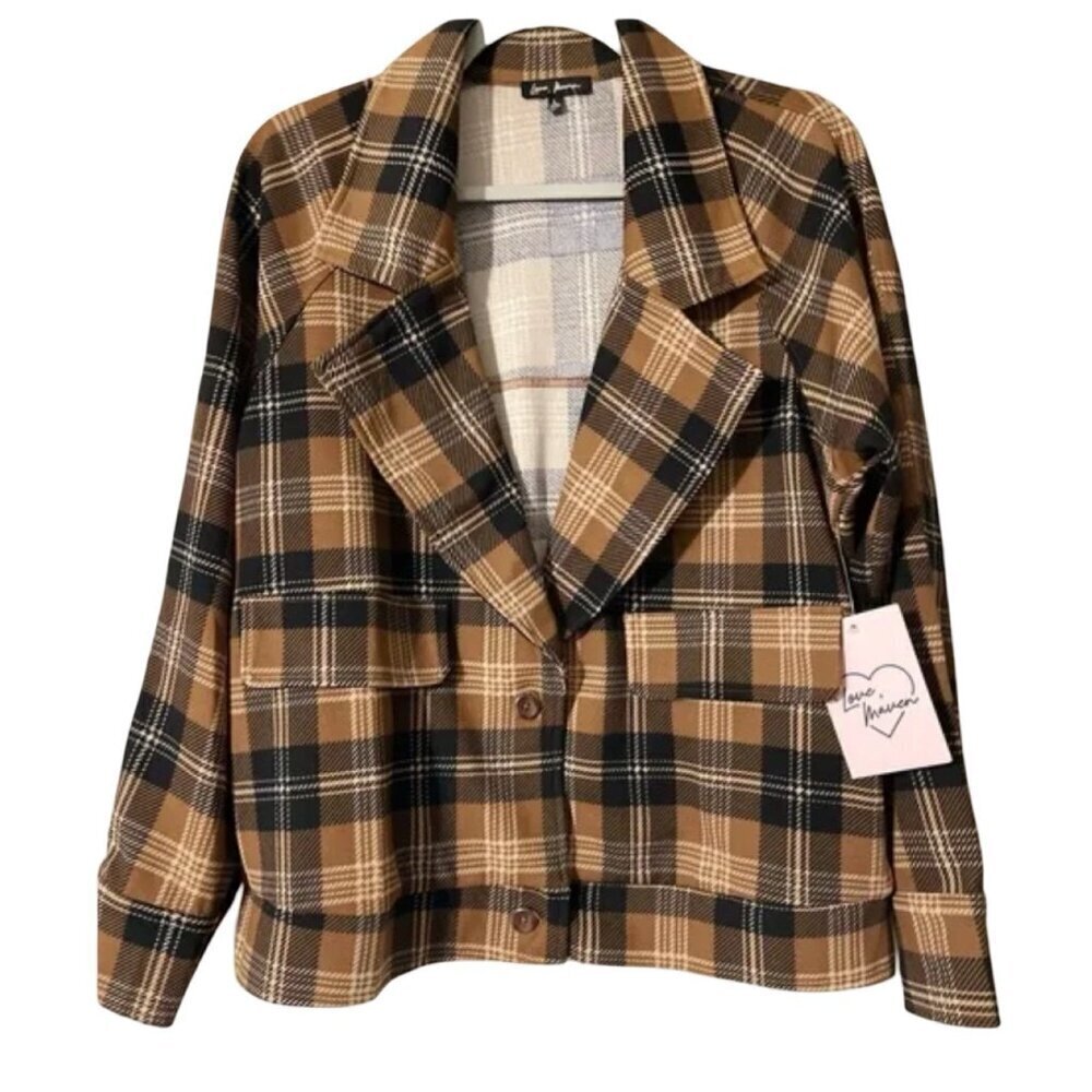 Love Maven Size Large Brown Plaid Front Button Blazer. New With Tags.